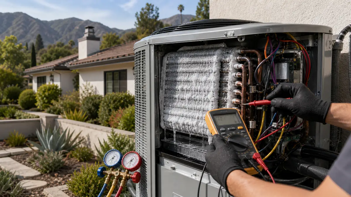 Iced Trane evaporator coil in a Historic Highlands Pasadena Craftsman