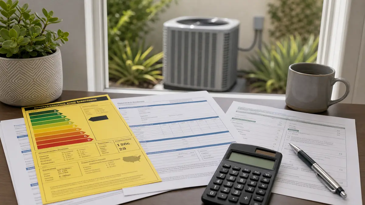 Efficiency ratings plate and rebate documents for a Pasadena HVAC project