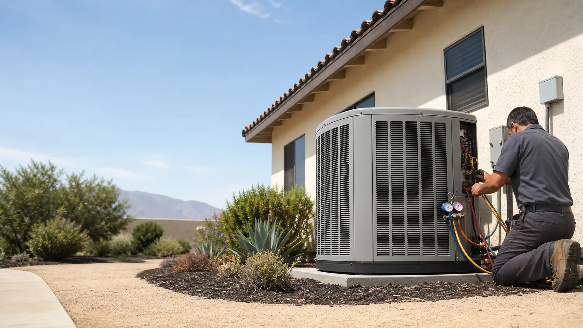 Technician checking a Trane outdoor condenser beside a Pasadena Craftsman bungalow