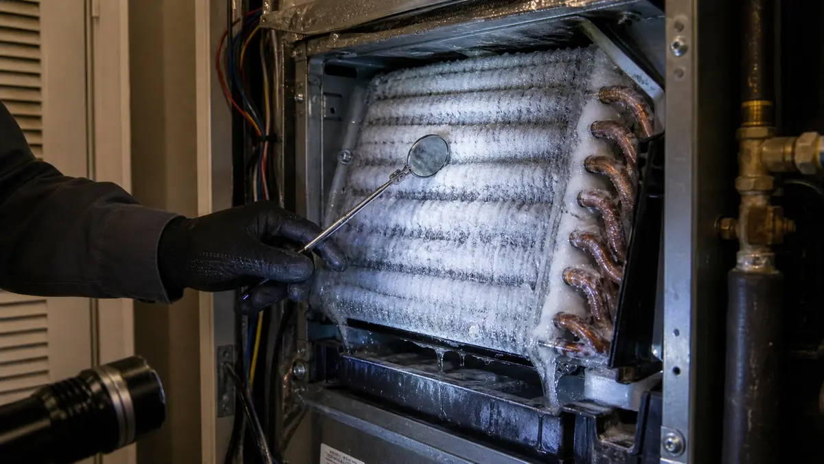 Frozen evaporator coil on a Trane air handler being diagnosed