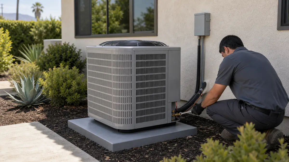 Trane XR condenser set on a pad beside a Pasadena revival-style home